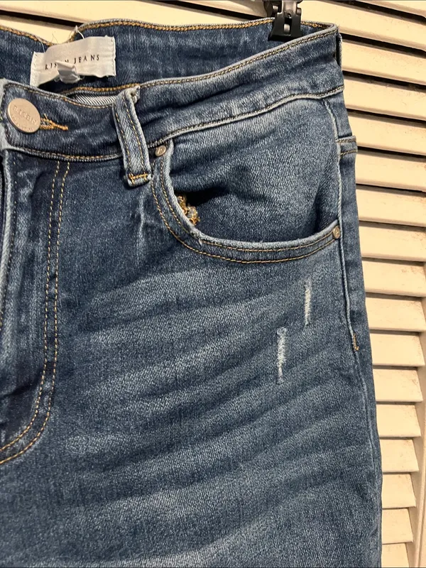 Risen Jeans Womens 11/30 Blue Mid Rise Crop Straight Distressed RDP5301 - Image 4