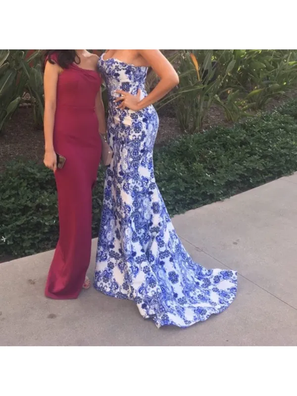 Terani Couture Glamour Strapless Blue&White Porcelain Print Mermaid Gown Formal - Image 2