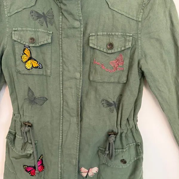 Desigual Y2K military utility jacket embroidered butterfly 36 green - Image 2