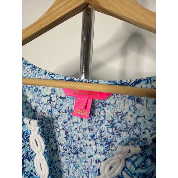 Lilly Pulitzer Blue Floral Crochet Lace Trim Bell Sleeve Tunic Top - Image 2