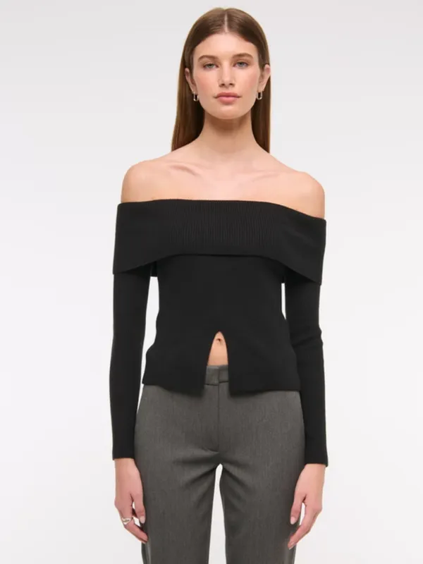 Abercrombie & Fitch Ribbed Knit Off-The-Shoulder Cutaway Sweater Black Size M - Image 2