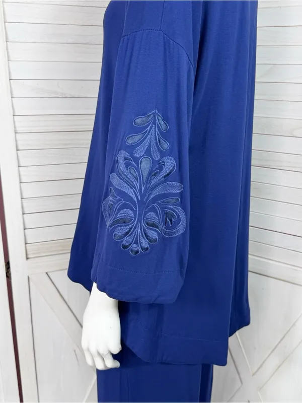 Soft‎ & Cozy Loungewear Embroidered Sleeve Wide Leg Pants Set Blue Small - Image 5