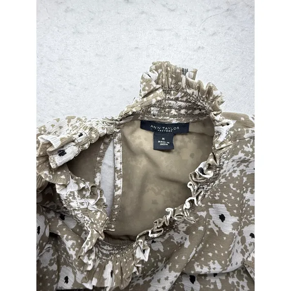 Ann Taylor Factory Womens M Tan Floral Ruffle High Neck Long Sleeve Blouse Top - Image 3