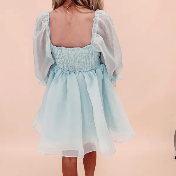 Entro Klesis Shimmery Puff Sleeve Square Neck Babydoll Dress Ice Blue - Image 4