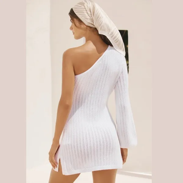 Anthropologie Flat White One-Shoulder Crochet Mini Dress - Image 3