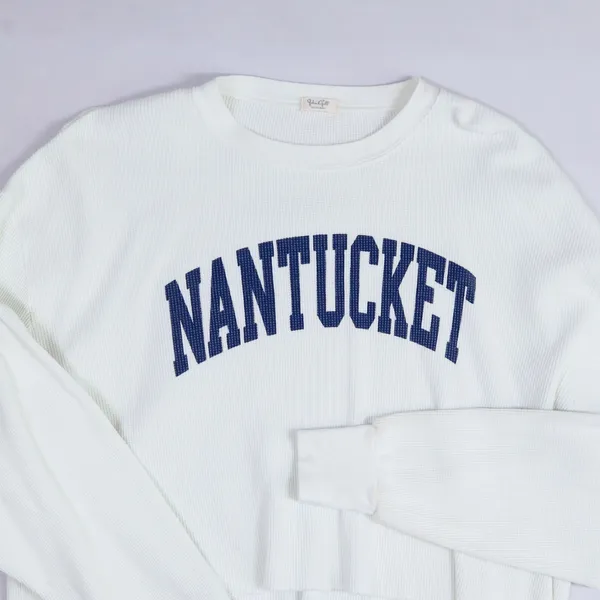 John Galt Nantucket Graphic Thermal Top‎ Women OS White Blue Cropped Waffle Knit - Image 10