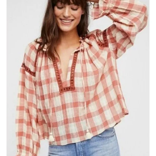 Free People Boho Fall‎ Plaid Honey Grove Top Size Small - Image 5