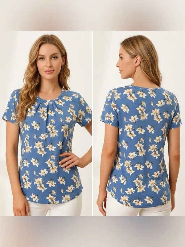 Liz & Lilli Women’s Blue Floral Print Round Neck Short Sleeve Shirt Size XL - Image 2