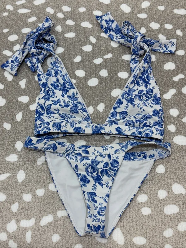 Lovers + Friends Bikini set Take Me Away tie triangle top Bottoms French Floral - Image 7