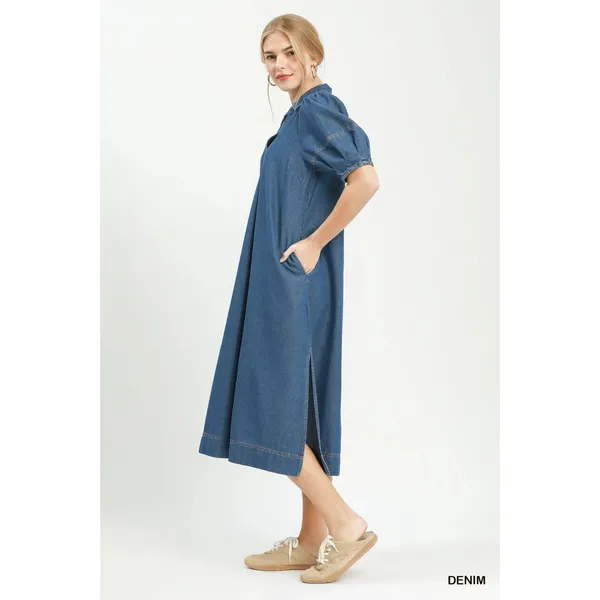 Umgee Chambray‎ Collared Puff Sleeve Dress - Denim - Small - Image 2