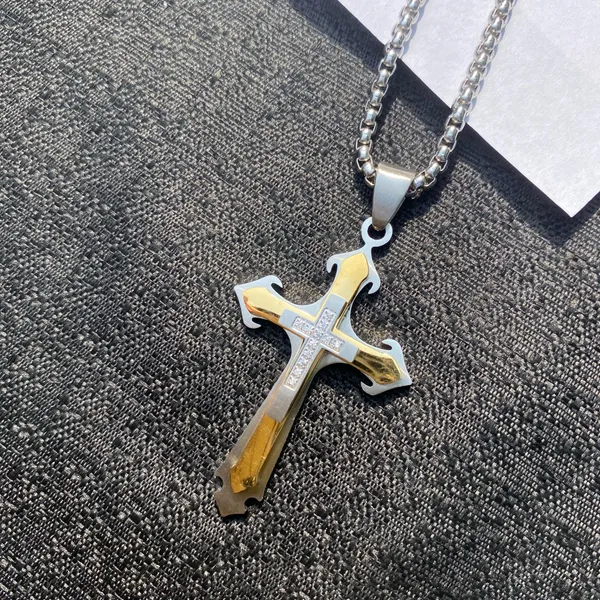 💎🩶 New Crystal Embellished Stainless Steel Two Tone Gold & Silver Edgy Crucifixion Cross Pendant Necklace 🩶💎 - Image 3