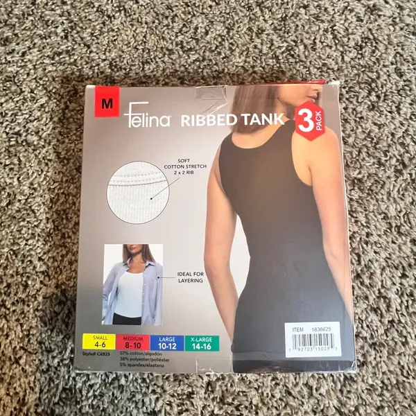 Felina Womens 3 Pack Ribbed Tank Tops White Grey Black Cotton Stretch‎ C6923 Med - Image 2