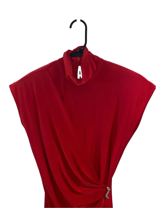 Vintage Fringe Asymmetric Midi Dress Mock Neck Wrap Gathered cocktail dress - Image 7