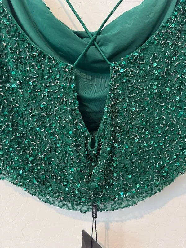 Retrofête Michal Sequin Top Size Large Emerald Green Cowl Neck Club Night Out - Image 12