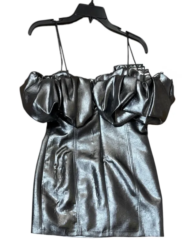 Zara Off-Shoulder Metallic Silver Mini Dress with Ruffled Bodice Size Large - Image 2