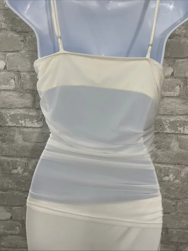 White Spaghetti-Strap Maxi Dress with Ruched Waist - Image 4