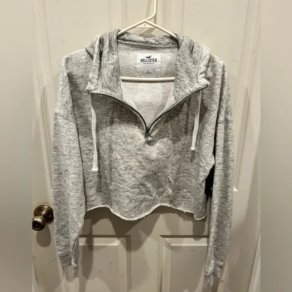 Hollister Womens Large Heather Gray Quarter Zip‎ Cropped Hoodie Raw Hem Marled - Image 4