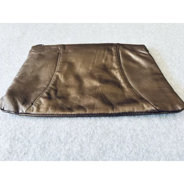 Vintage Leather Clutch Metallic Brown Zip Purse 80s Minimalist Bag Retro - Image 3
