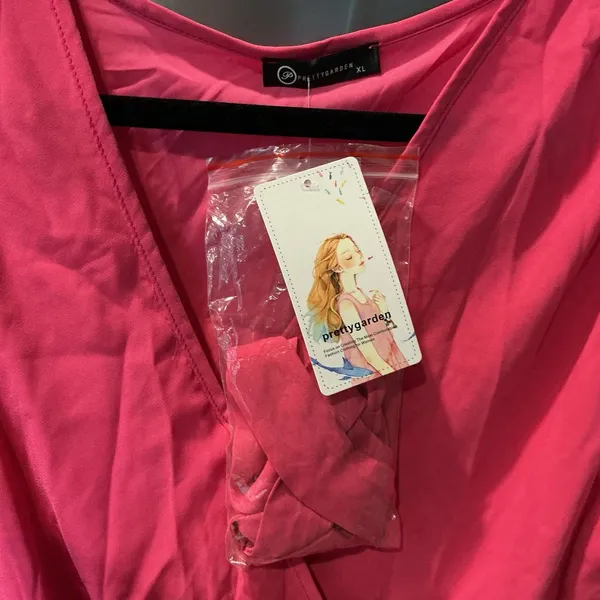 Prettygarden Pink V-Neck Long Sleeve Pleated Fit & Flare Waist Tie Dress XL - Image 3