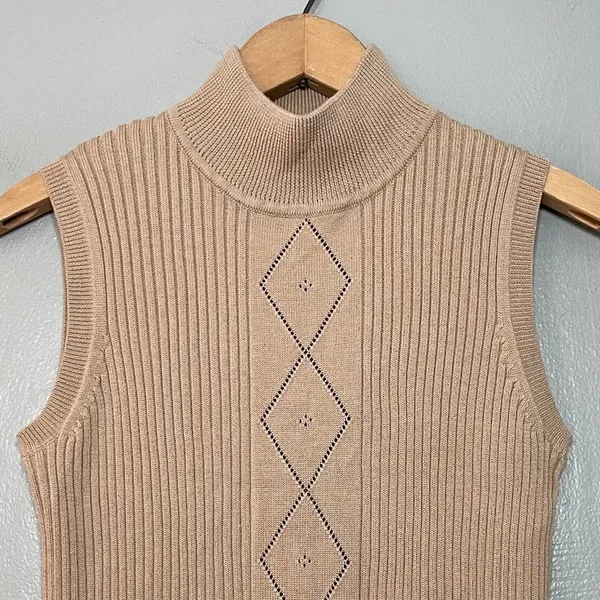 Pointelle Sleeveless Tan Sweater Size Small Ribbed Knit Mock Neck Minimalist - Image 2