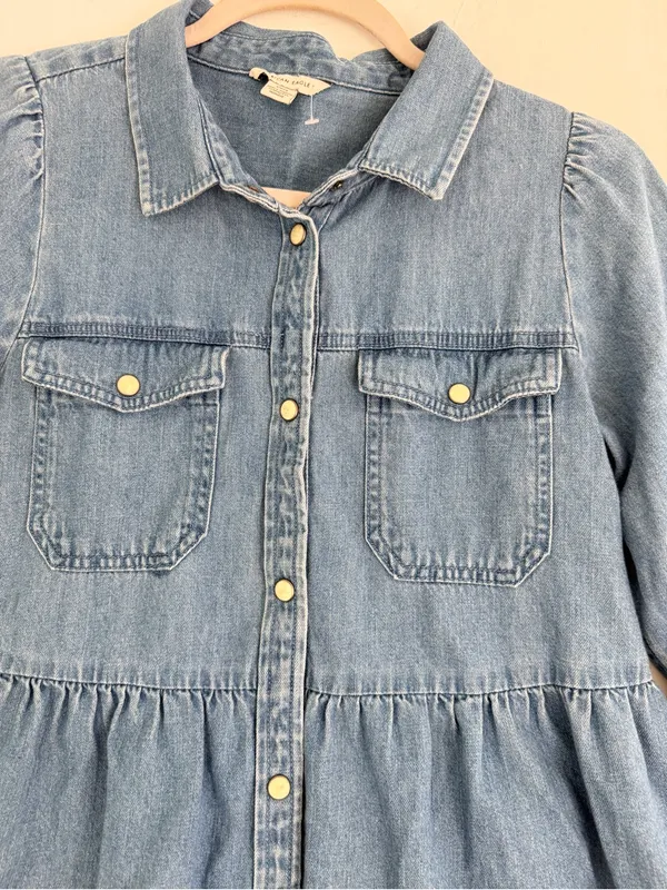 NEW American Eagle Denim Babydoll Dress SMALL Long Sleeve Button Down Blue Jean - Image 4