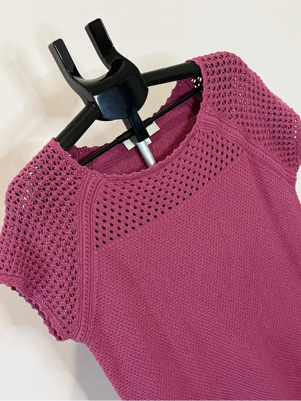 LOFT Berry Mauve Open Knit Short Sleeve Sweater Top Size L - Image 3