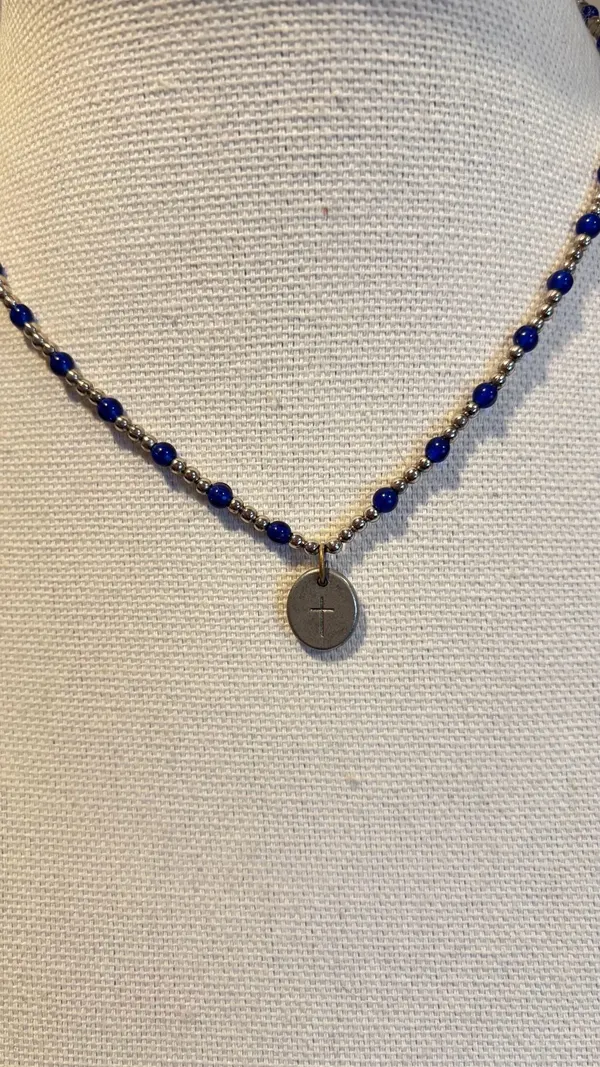 Forgiven Cross Charm Necklace with Blue Beaded Chain - Image 2