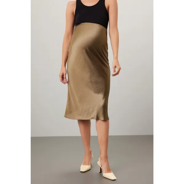 Ripe Lexie Gold Satin Slip Pull On Midi Skirt Maternity Size Large - Image 3
