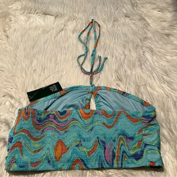 Wild Fable Women's Size XS Swirl Marble Halter Crop Top Aqua Blue Woven Smocked - Image 6