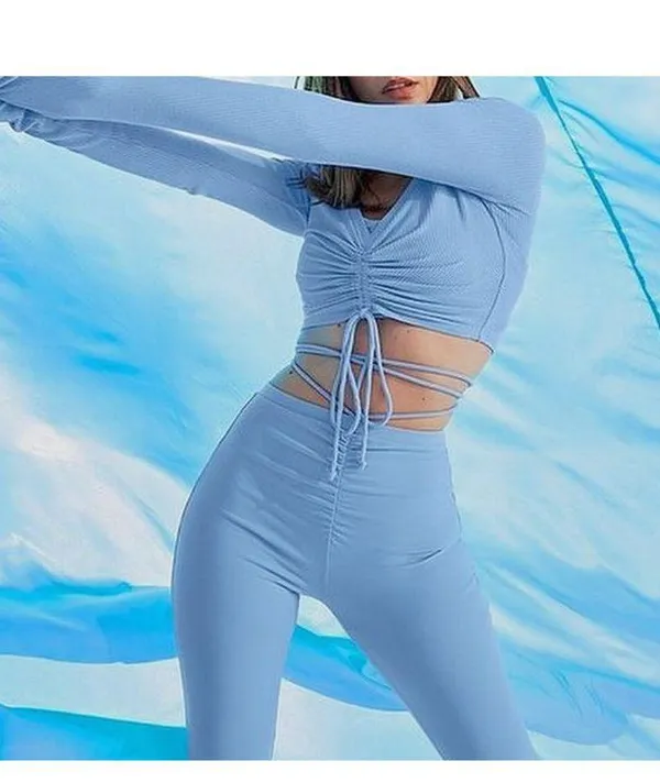 Alo Airbrush High-Waist Cinch Flare Legging Tile Blue Tie-Up Corset Lace Hi-Rise - Image 9