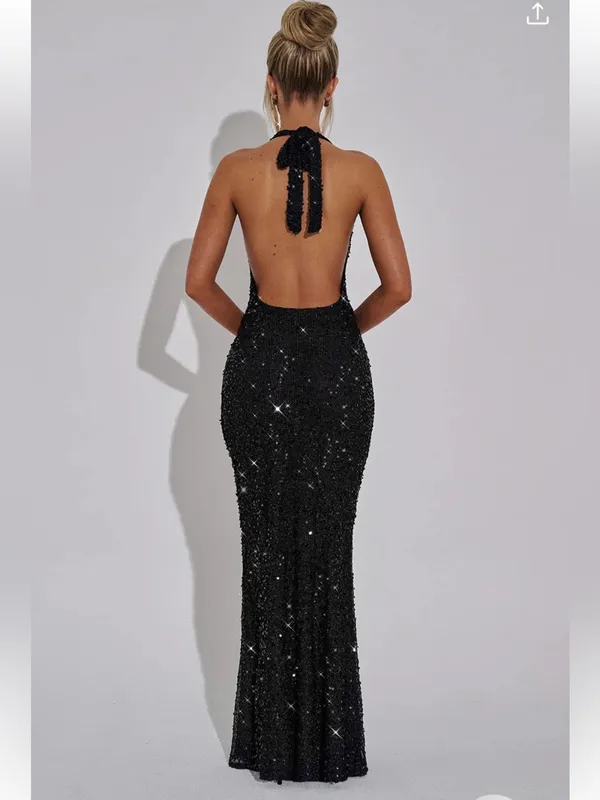 Babyboo Lorena Sequin Cowl Halter Lined Maxi Dress Black Large - Image 7