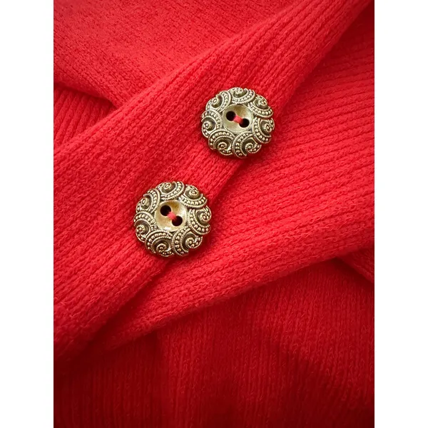 Zara Womens Red V-Neck Ribbed Knit Sweater Gold Filigree Button Cuff Size Medium - Image 4