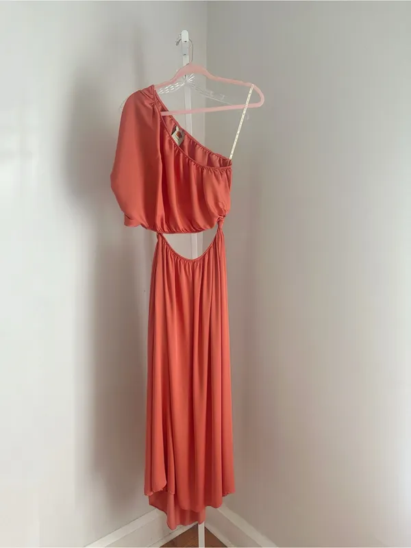 Farm Rio One-Shoulder Coral Cutout Maxi Dress Size L Boho Flowy Tropical Vibrant - Image 2