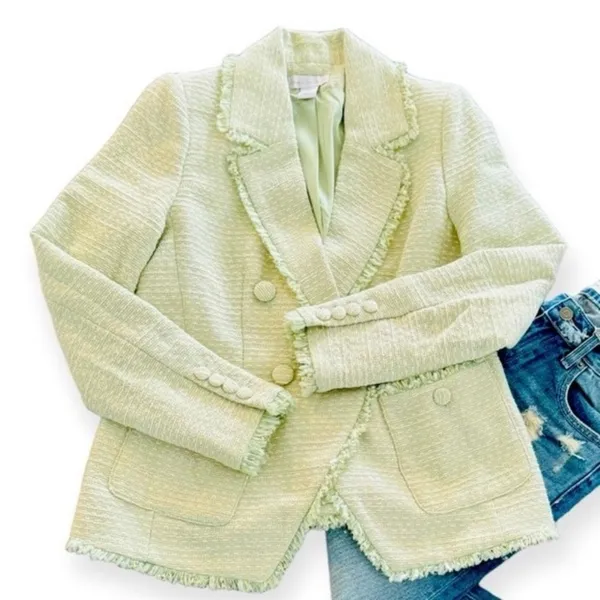 $259 NWT House of Harlow 1960 Pistachio Green Tweed Double-Breasted Blazer M - Image 7