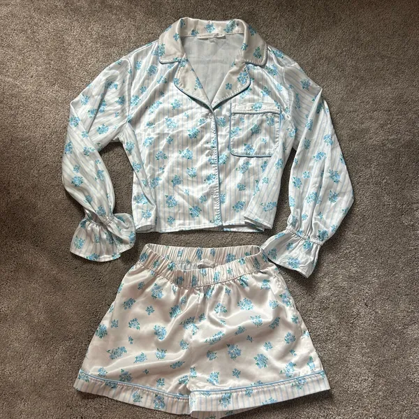 Altar’d State Ditzy Floral Blue Satin Pajama Set Striped Size Small and XS - Image 2