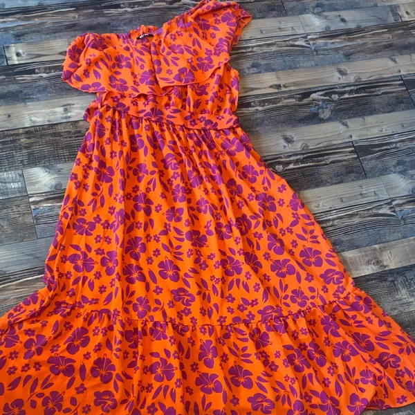 NWOT Elegant One-Shoulder Boho Floral Dress - Orange and Purple - Image 4