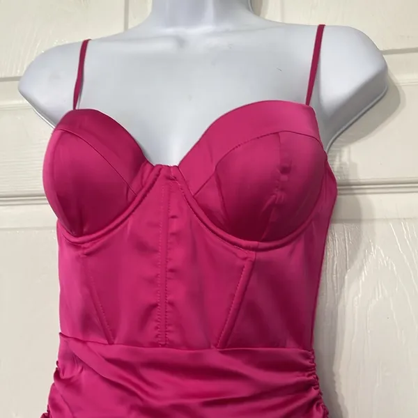 Oh Polly Timeless Romance Ruched Asymmetric Satin Mini Dress in Pink Size 4 - Image 6
