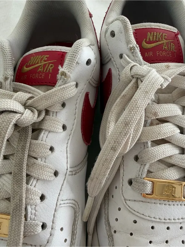 Nike Air Force 1s in white and gym red with gold accents size women’s 9.5 - Image 4