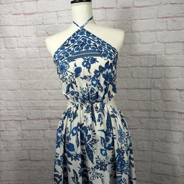 Blue and White Large Floral Halter Maxi Dress - Image 2