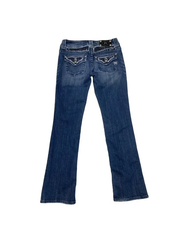 -Miss Me Boot Cut Denim Jeans Womens 29 Rhinestone Bling Flap Pocket Fleur de Li - Image 2