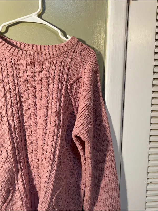SO Womens Size Large Crewneck Sweater Chenille Light Pink Cable Knit Balloon Slv - Image 5