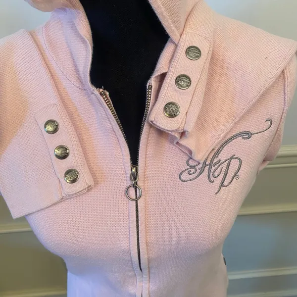 Light Pink Harley Davidson Knit Sweater Jacket Rhinestone Button Sleeve Zip - Image 7
