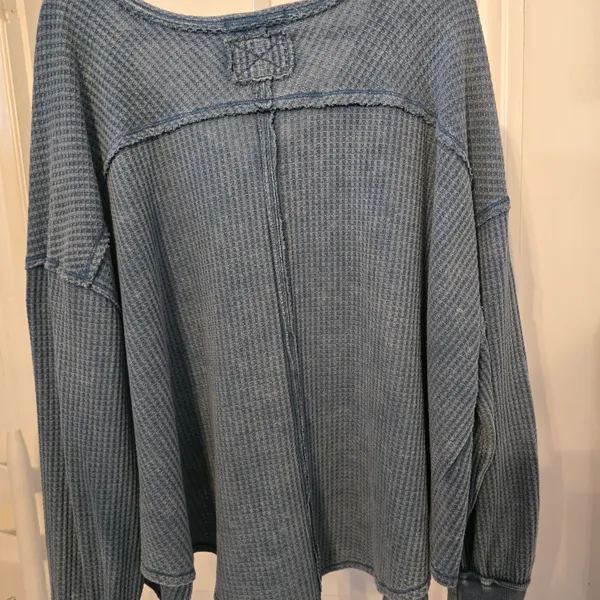 We The Free Waffle Knit V-Neck Pullover in Denim Blue - Image 3