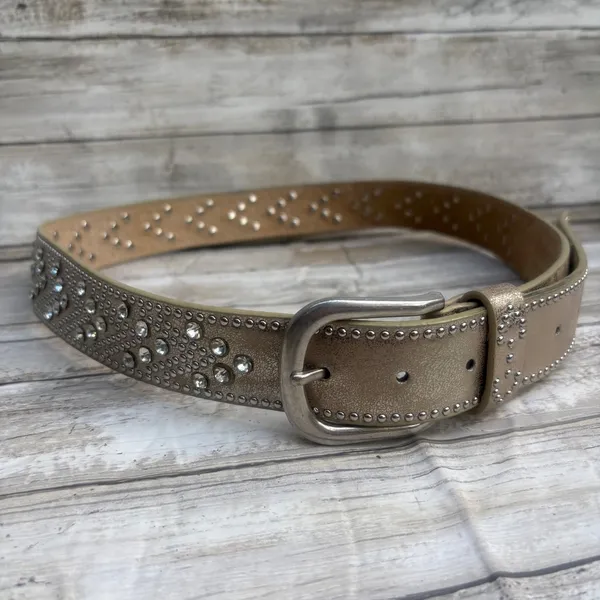 Studded Rhinestone Leather Belt 110CM 36.5" Tan Silver tone Western Glam Bling - Image 2