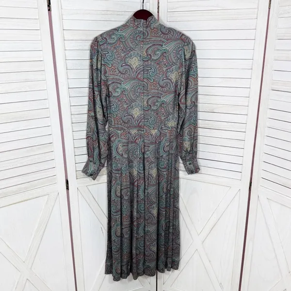 Vntg J.G. Hook Paisley Pleated Mock Neck Maxi Dress Green Multi Size‎ 4 Heritage - Image 10