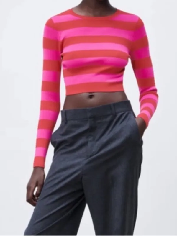 Zara Knit Cropped Sweater Pink Red Stripe Long Sleeve Top Medium - Image 2