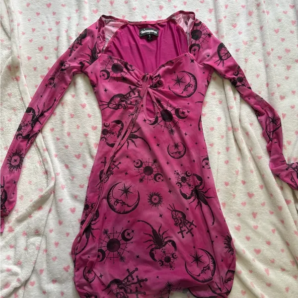 Dolls Kill Pink Long Sleeve Dress with Black Print - Image 2
