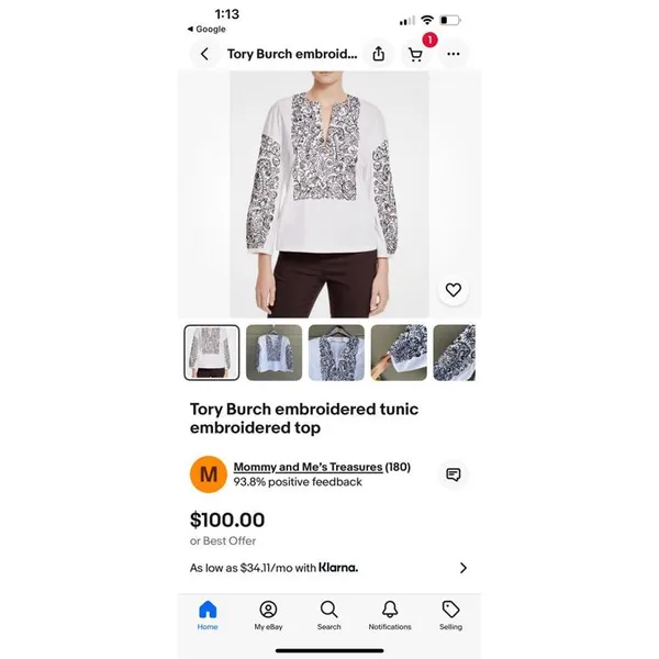 Tory Burch White and Black Embroidered Long Sleeve Top Size - Image 7