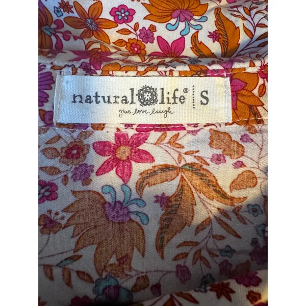 Natural Life Floral Boho Tiered Shirt Dress Rayon Collared Button Front Pink (S) - Image 4