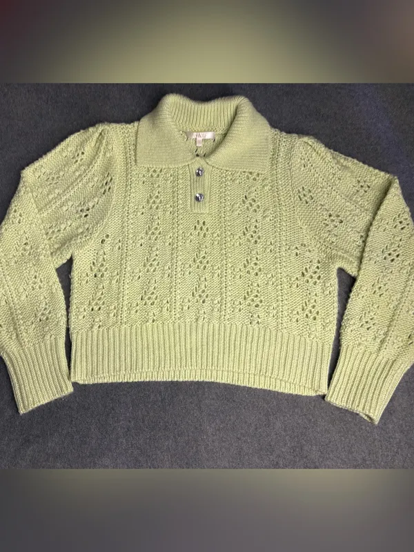 Wayf Light Green Openwork Knit Polo Sweater Size M - Image 9